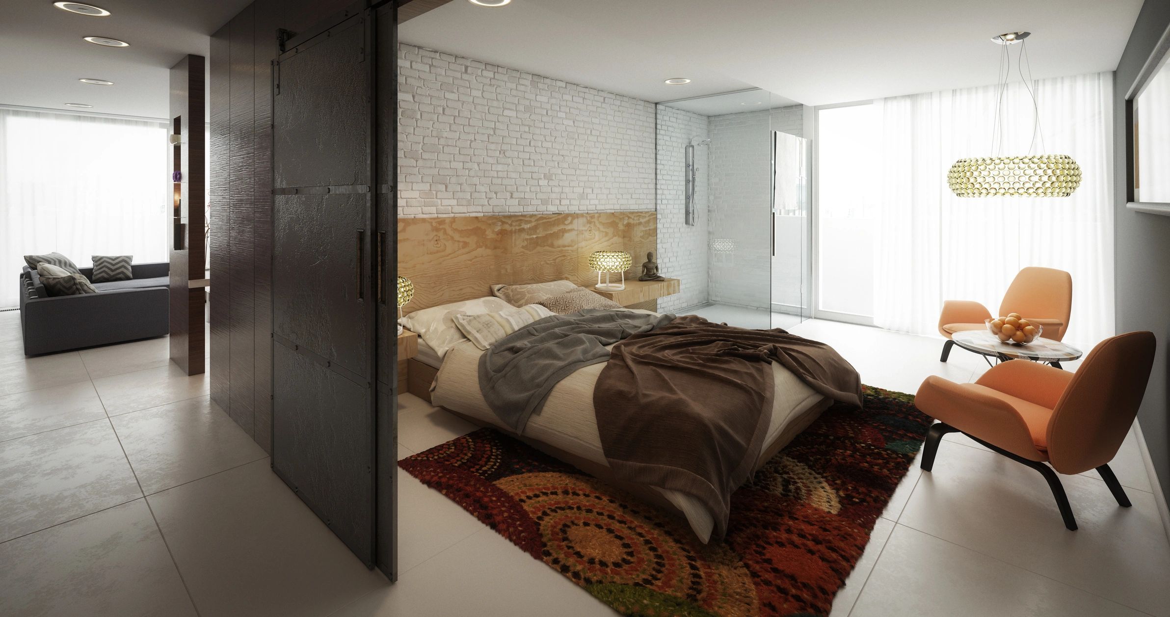 Warm, sunlit spa-inspired interior in earthy tones