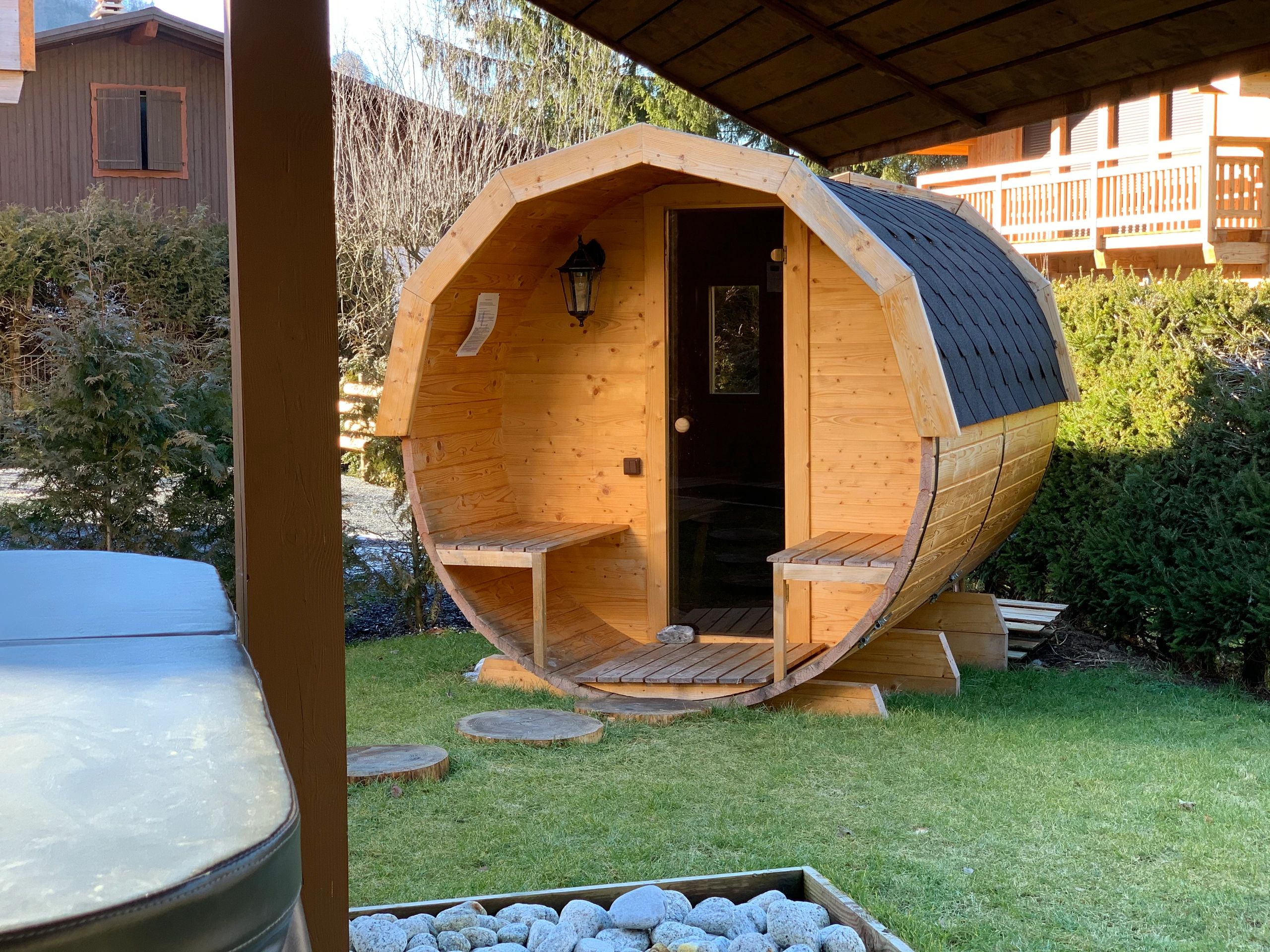 Warm wellness space with sauna ambiance