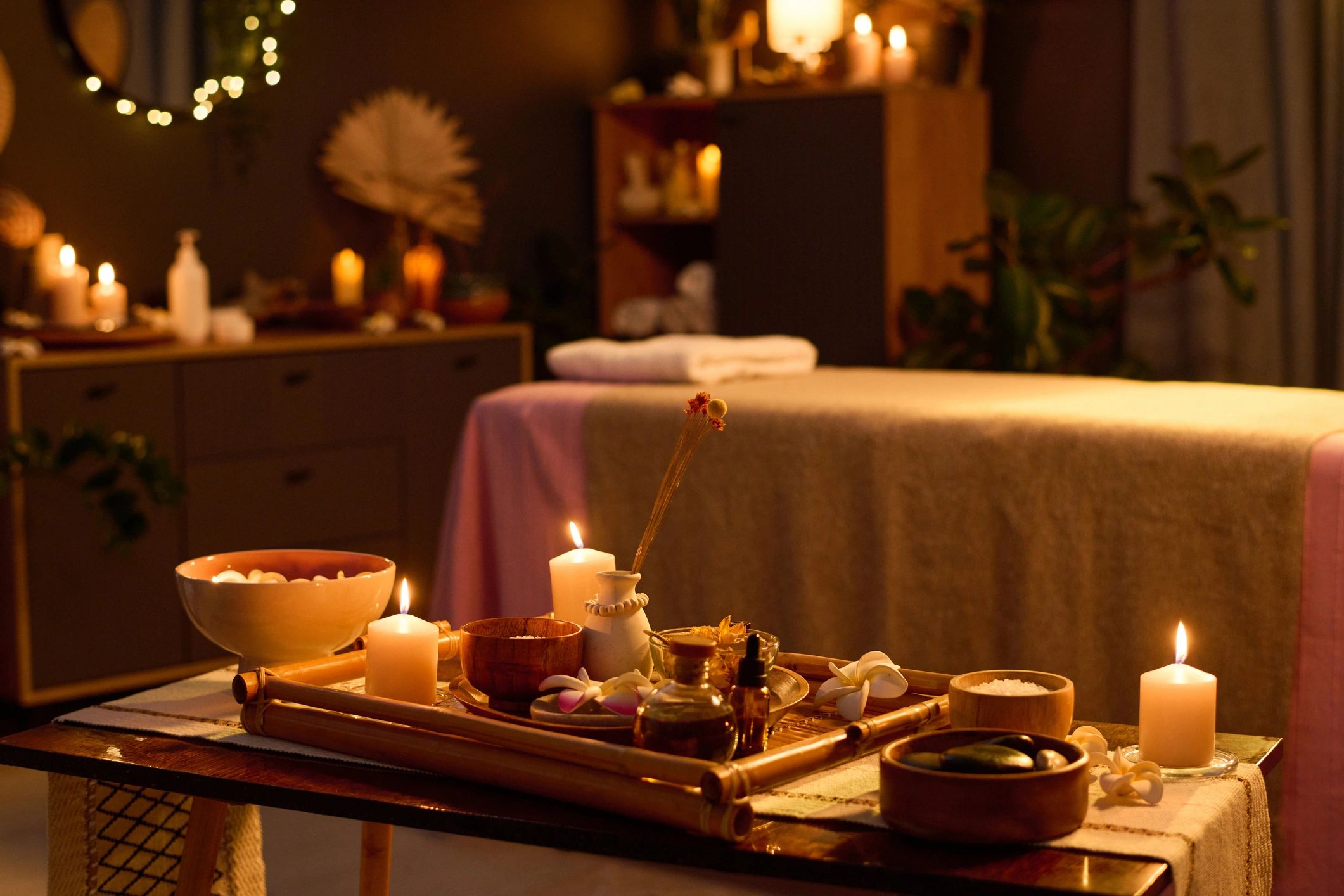 Dimly lit wellness treatment room with massage table and candles